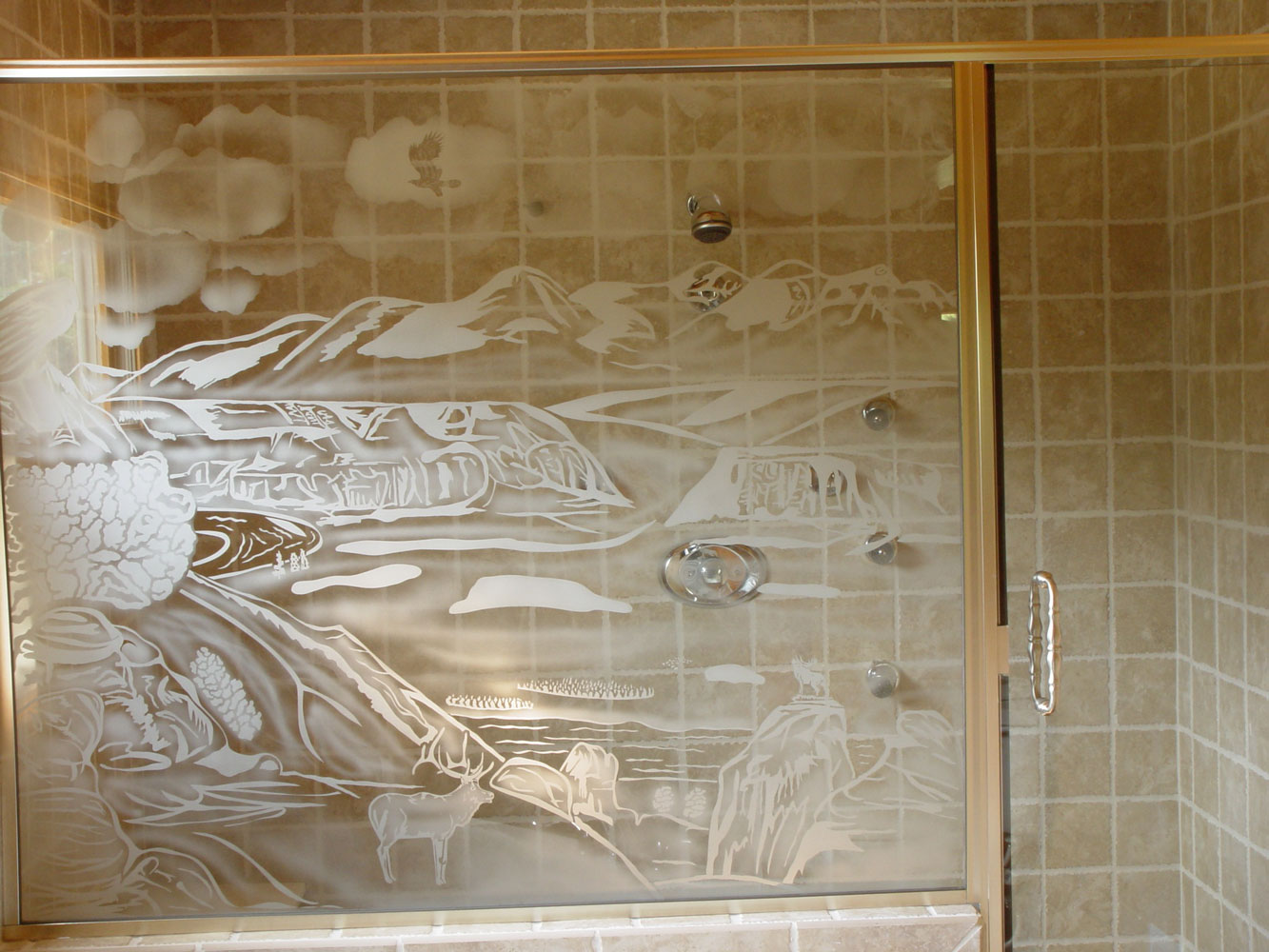 Custom shower doors, etched and painted